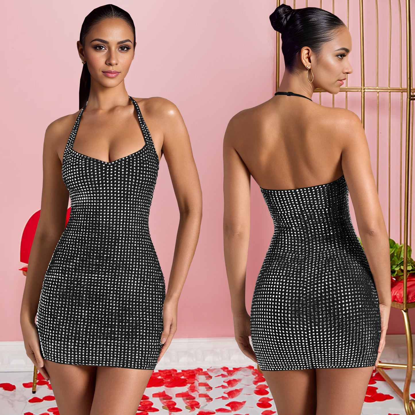 Solid Color Sleeveless Bodycon Dress With Halter Neck In Polyester Fabric For Sexy Banquet Wear