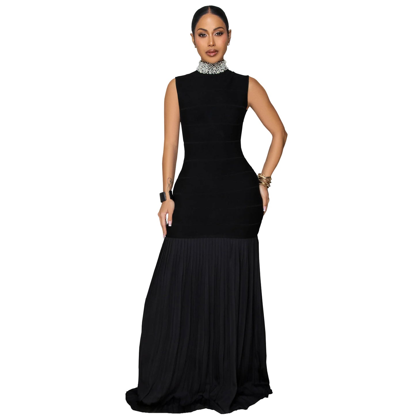 Elegant Solid Color Sleeveless Chiffon Midi Dress For Business Occasion