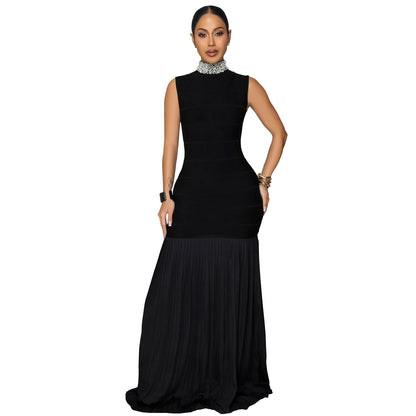 Elegant Solid Color Sleeveless Chiffon Midi Dress For Business Occasion