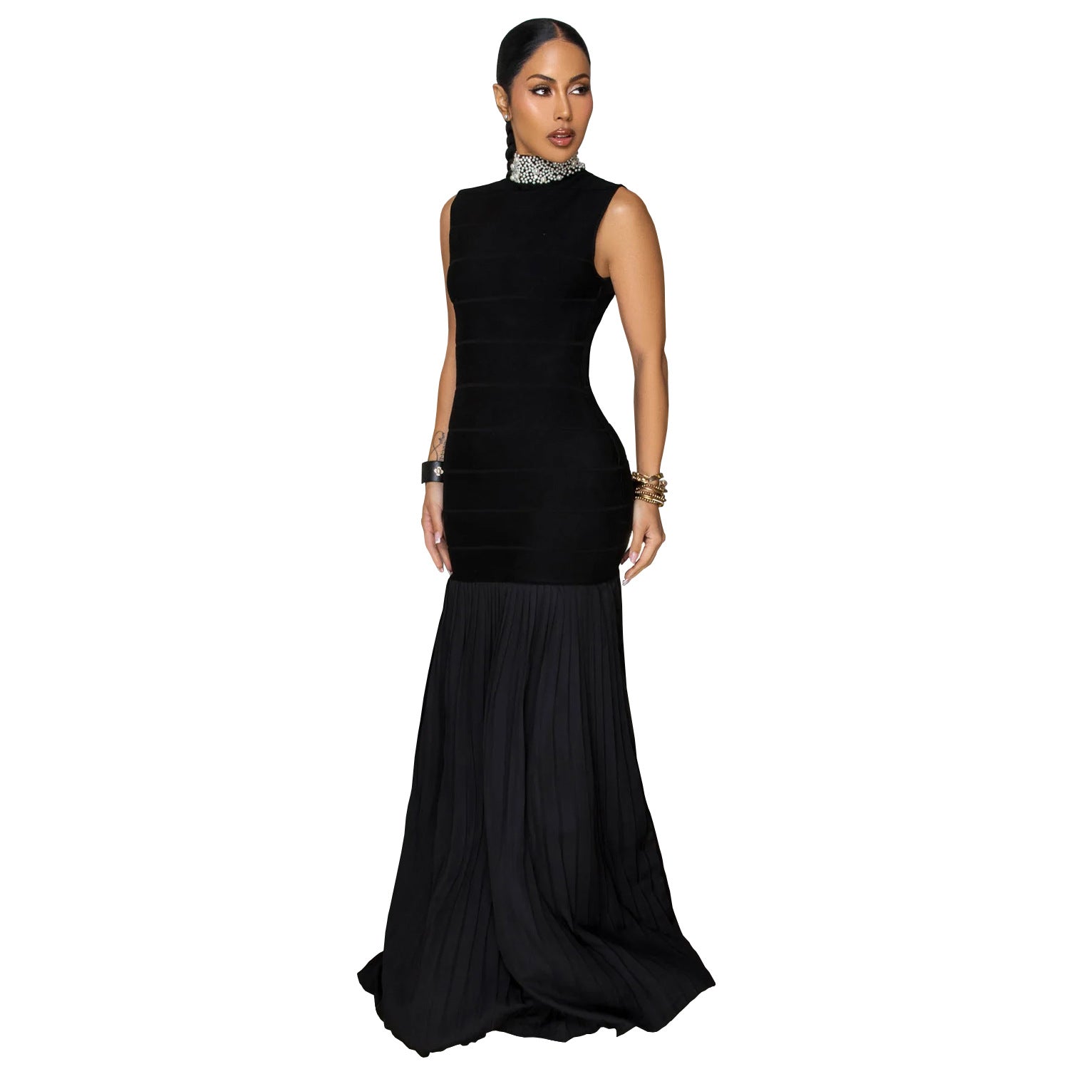 Elegant Solid Color Sleeveless Chiffon Midi Dress For Business Occasion