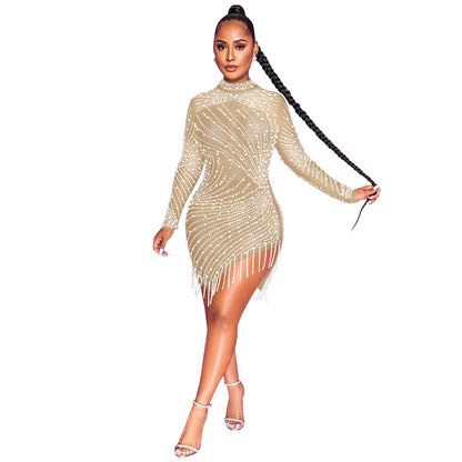 Sexy Solid Color Mesh Dress With Long Sleeve And Round Neck In Polyester For Nightclub