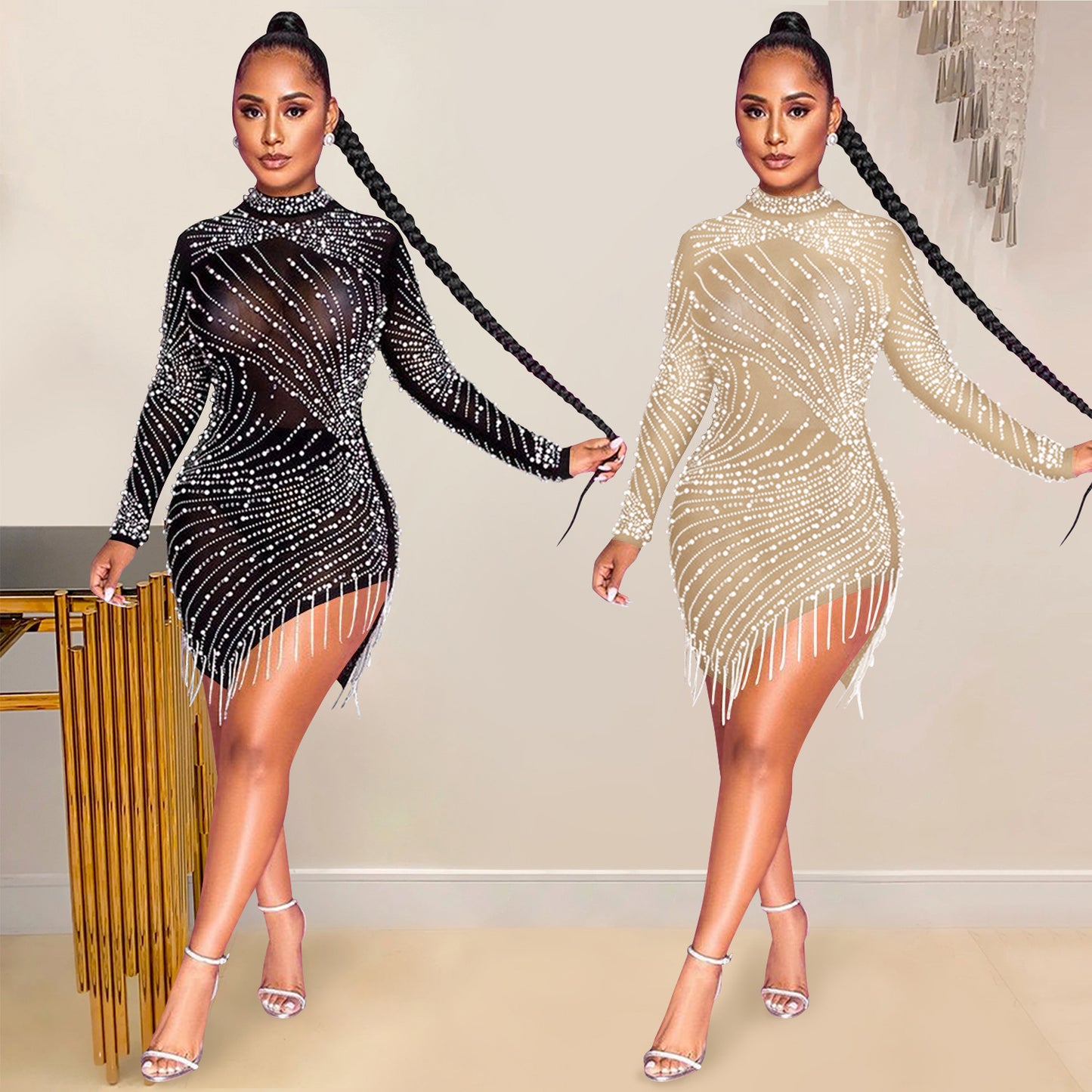 Sexy Solid Color Mesh Dress With Long Sleeve And Round Neck In Polyester For Nightclub
