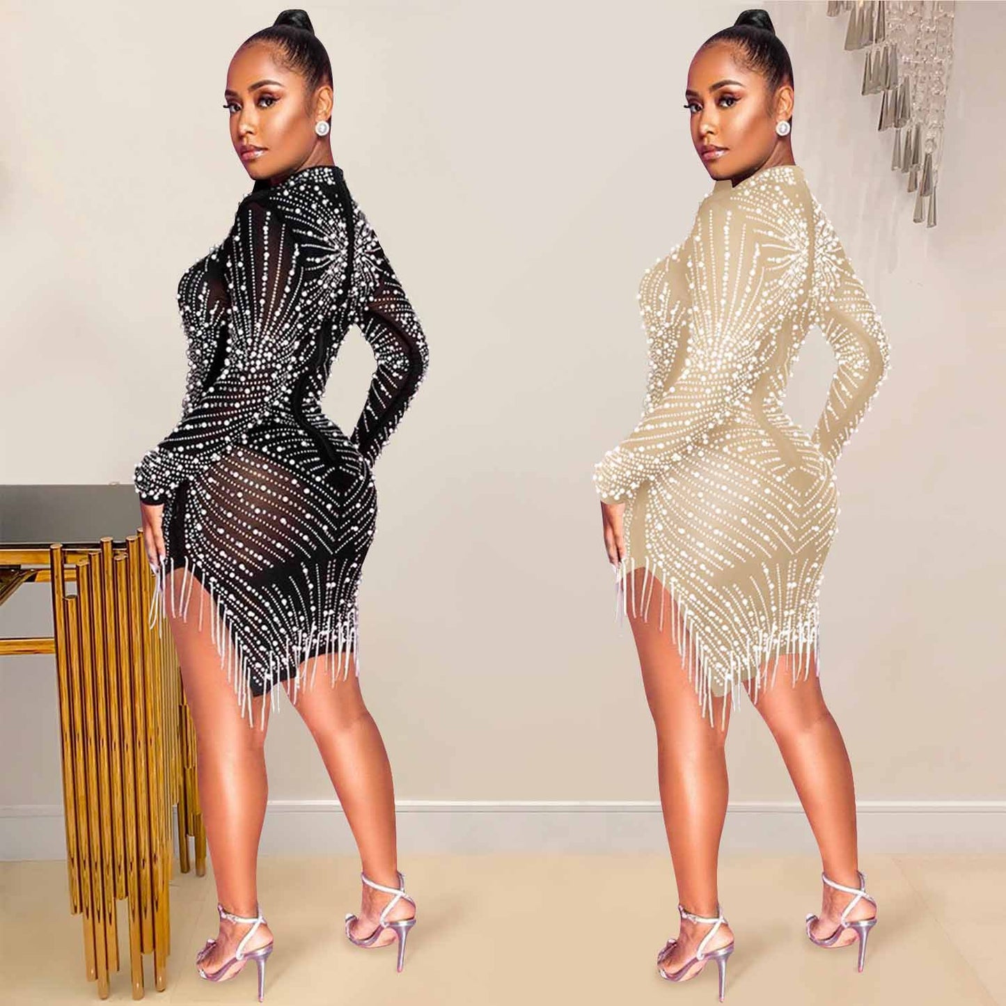 Sexy Solid Color Mesh Dress With Long Sleeve And Round Neck In Polyester For Nightclub