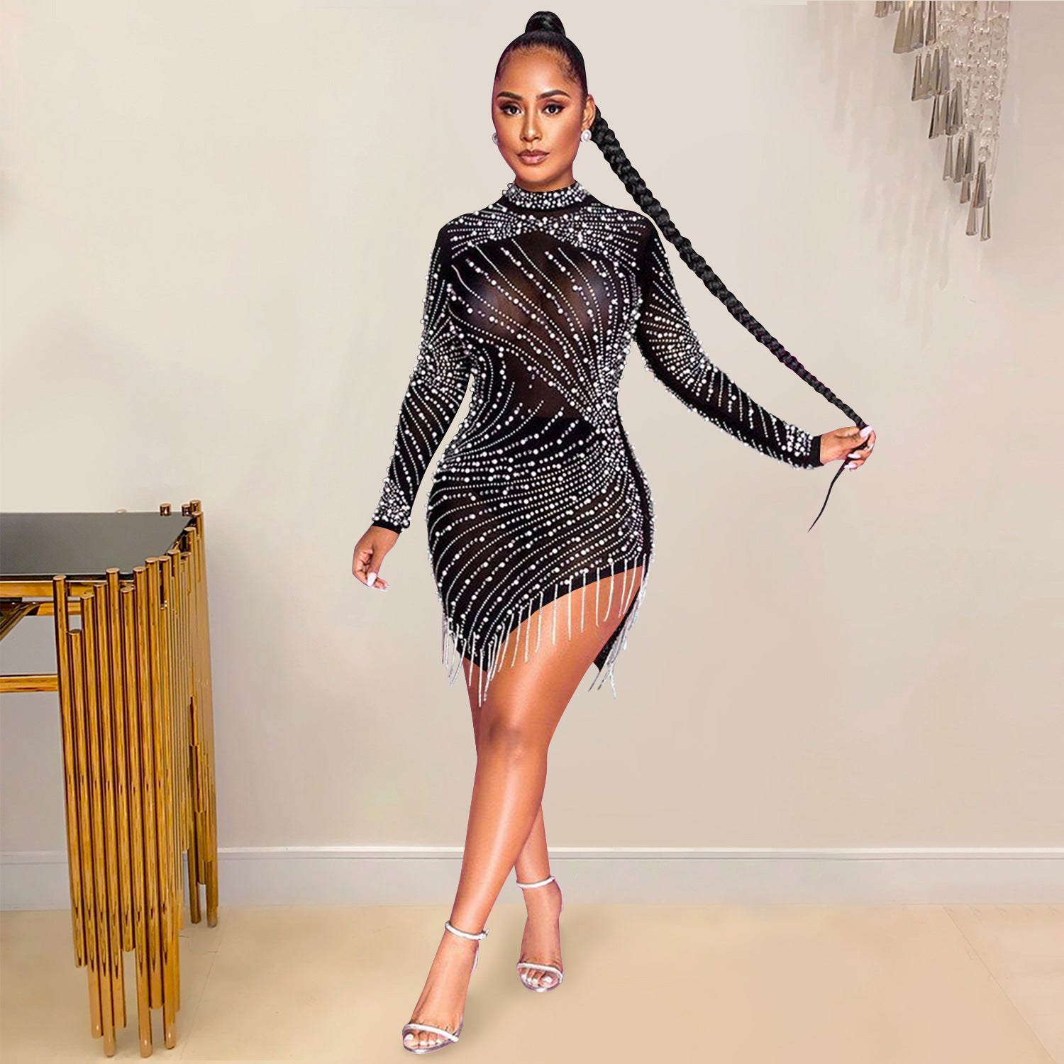 Sexy Solid Color Mesh Dress With Long Sleeve And Round Neck In Polyester For Nightclub