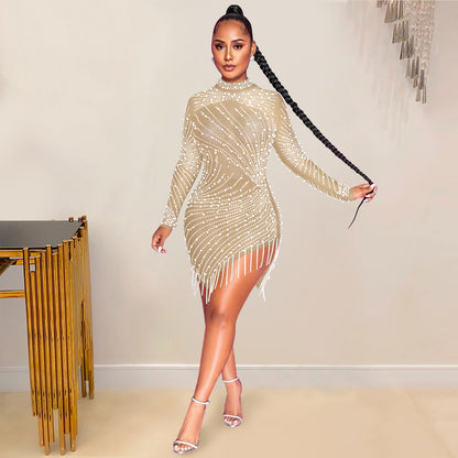 Sexy Solid Color Mesh Dress With Long Sleeve And Round Neck In Polyester For Nightclub