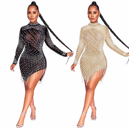 Sexy Solid Color Mesh Dress With Long Sleeve And Round Neck In Polyester For Nightclub
