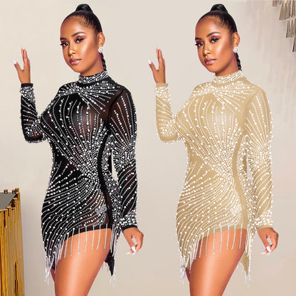 Sexy Solid Color Mesh Dress With Long Sleeve And Round Neck In Polyester For Nightclub