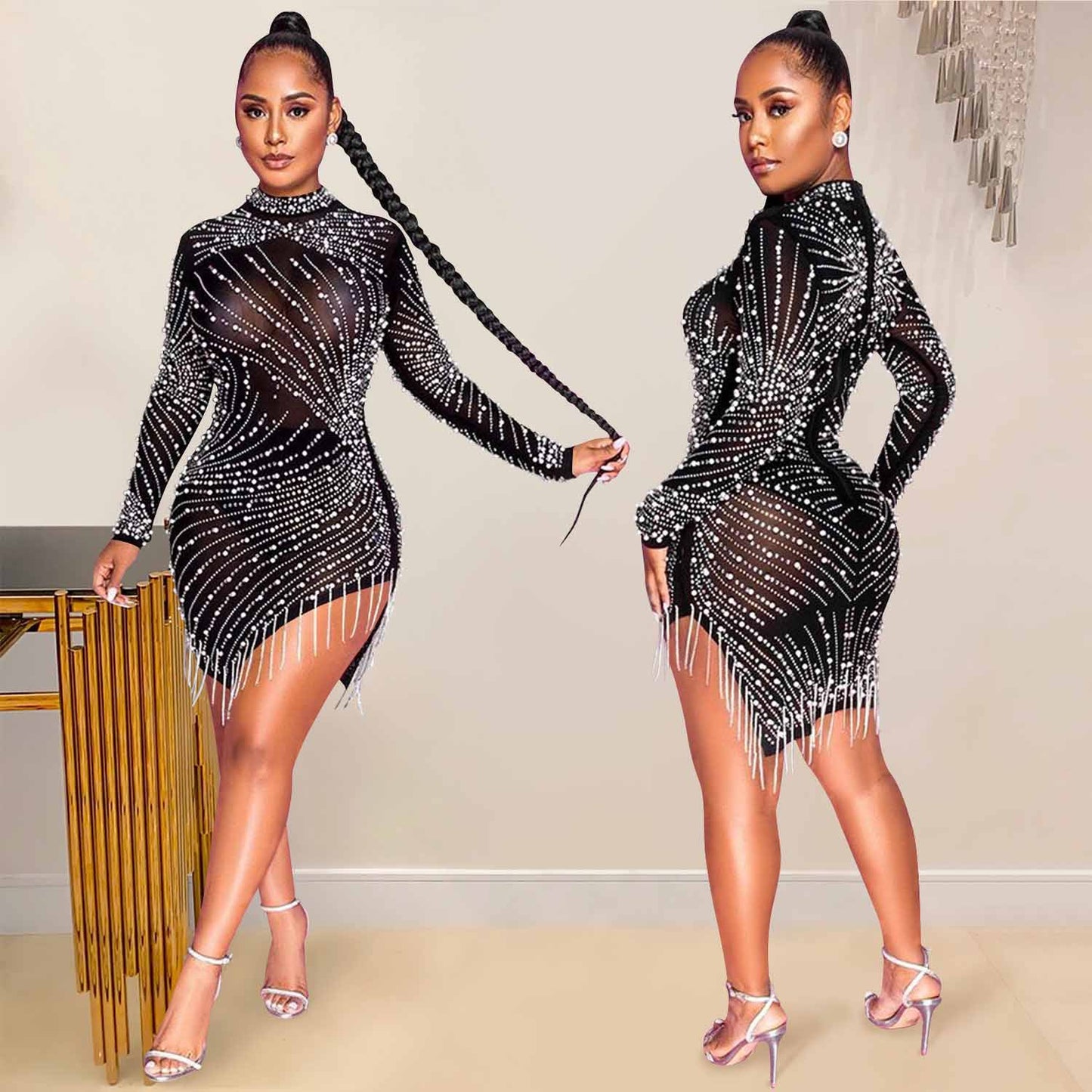 Sexy Solid Color Mesh Dress With Long Sleeve And Round Neck In Polyester For Nightclub