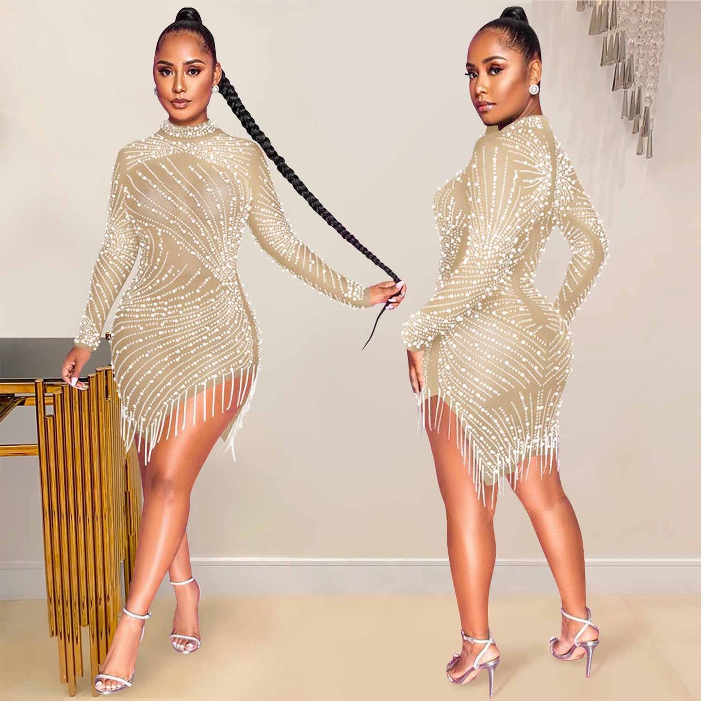 Sexy Solid Color Mesh Dress With Long Sleeve And Round Neck In Polyester For Nightclub