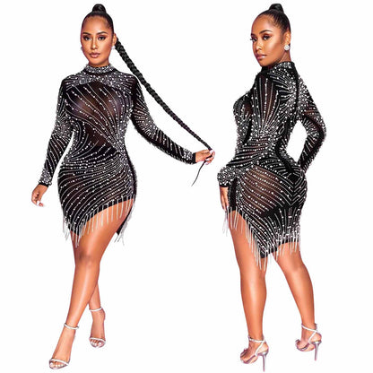 Sexy Solid Color Mesh Dress With Long Sleeve And Round Neck In Polyester For Nightclub