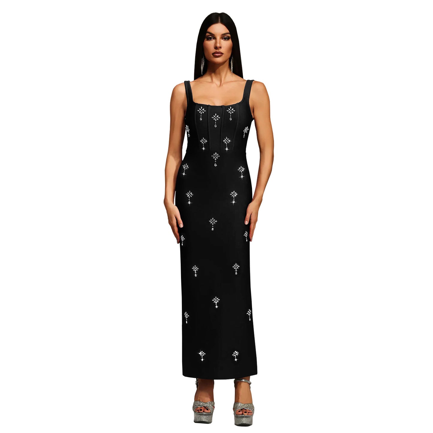 Elegant Sleeveless Strap Dress In Twilled Satin Featuring Backless Design And Maxi Length