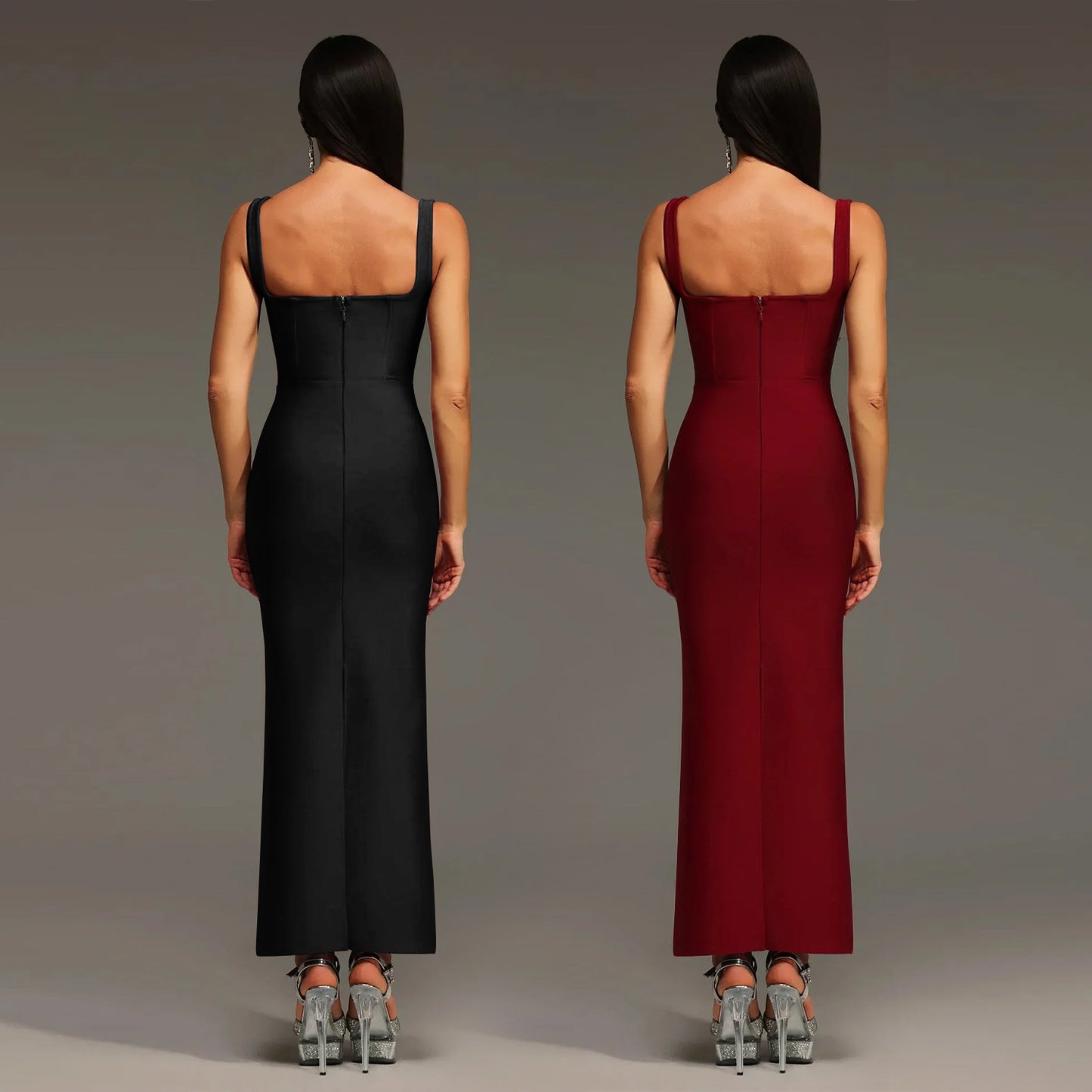 Elegant Sleeveless Strap Dress In Twilled Satin Featuring Backless Design And Maxi Length