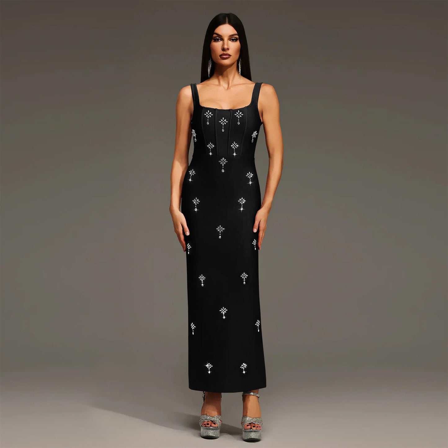 Elegant Sleeveless Strap Dress In Twilled Satin Featuring Backless Design And Maxi Length