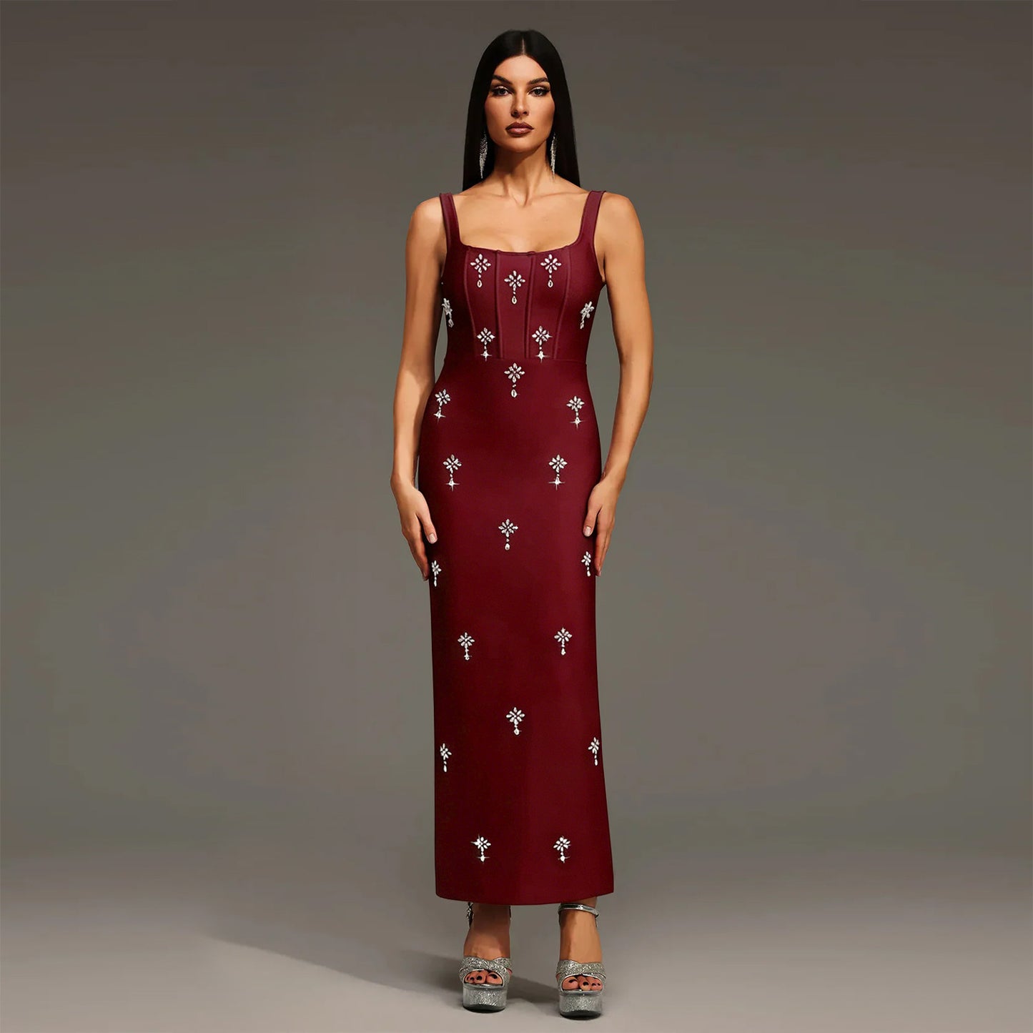 Elegant Sleeveless Strap Dress In Twilled Satin Featuring Backless Design And Maxi Length