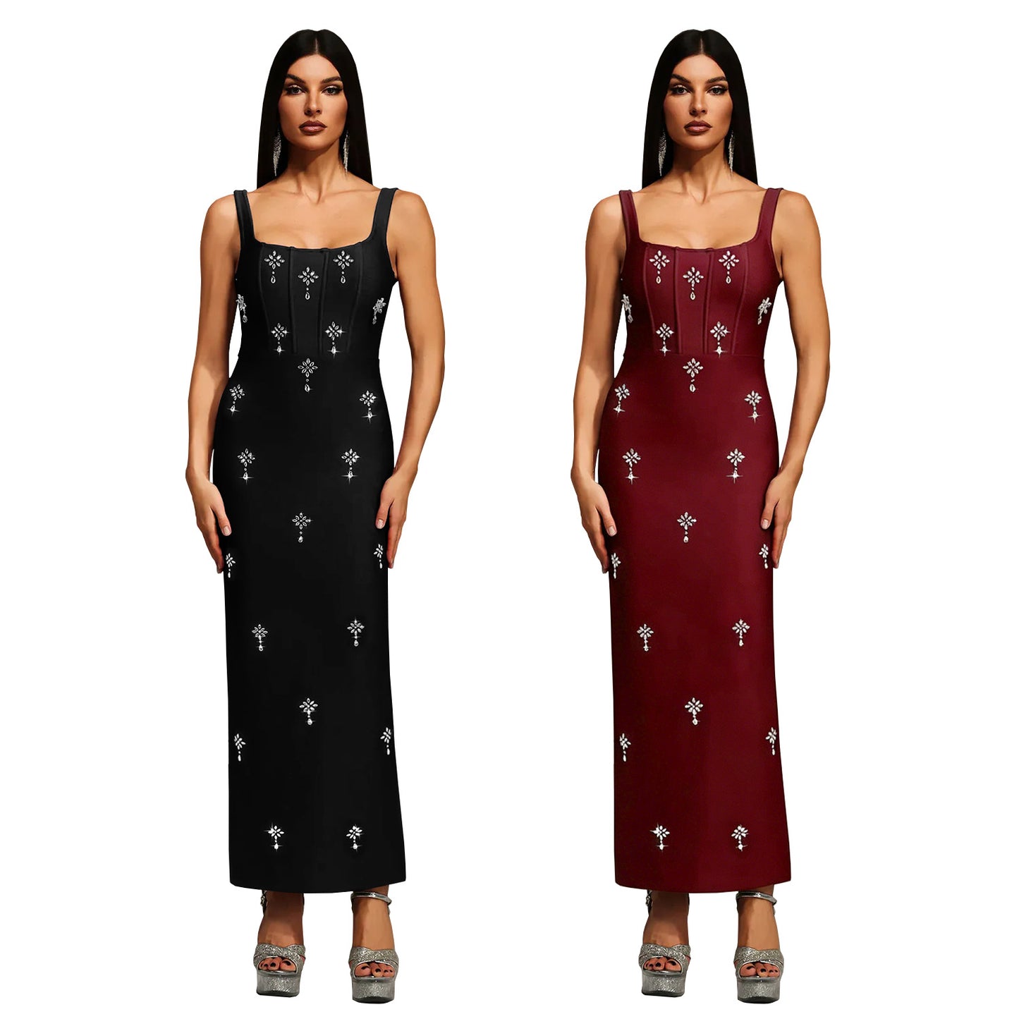 Elegant Sleeveless Strap Dress In Twilled Satin Featuring Backless Design And Maxi Length