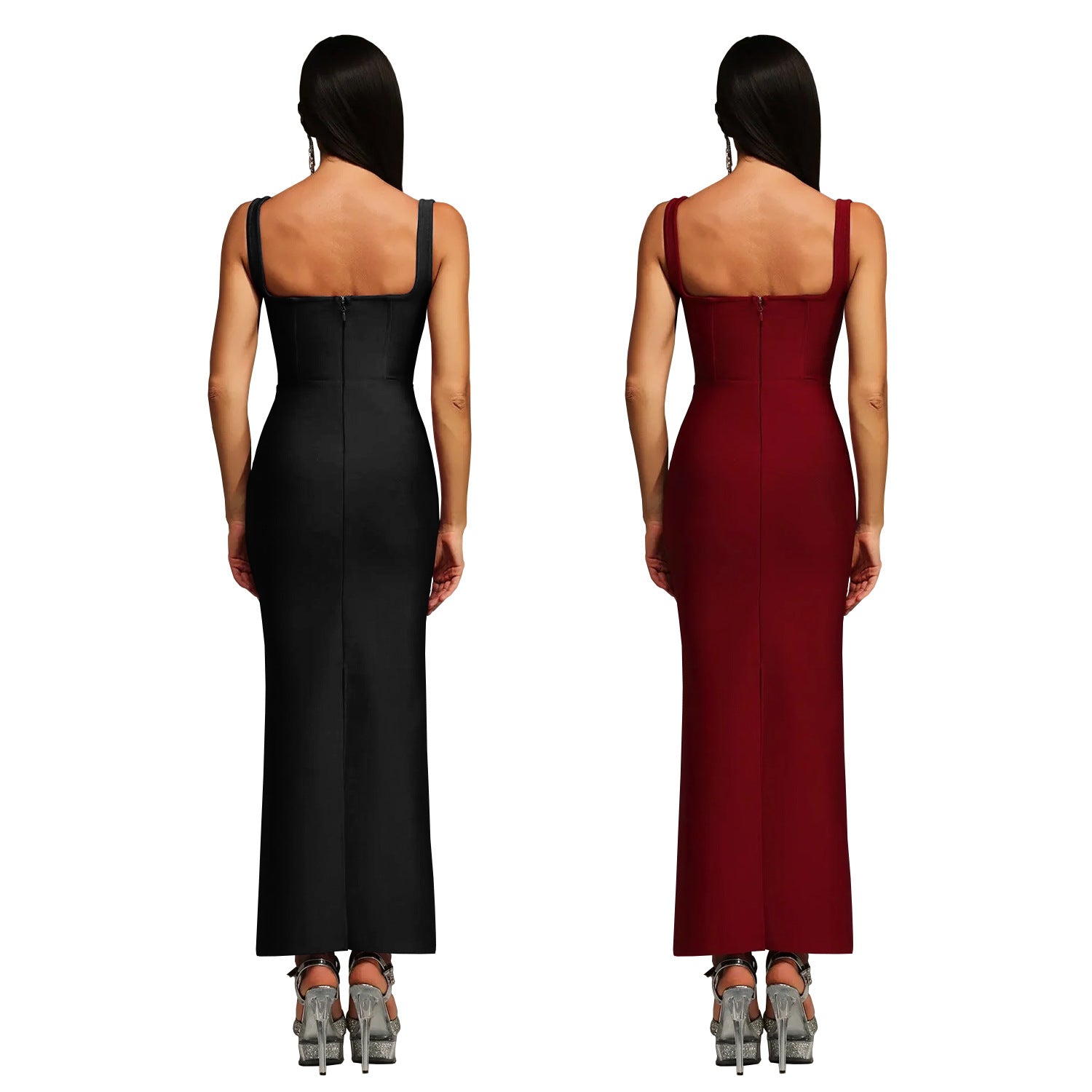 Elegant Sleeveless Strap Dress In Twilled Satin Featuring Backless Design And Maxi Length