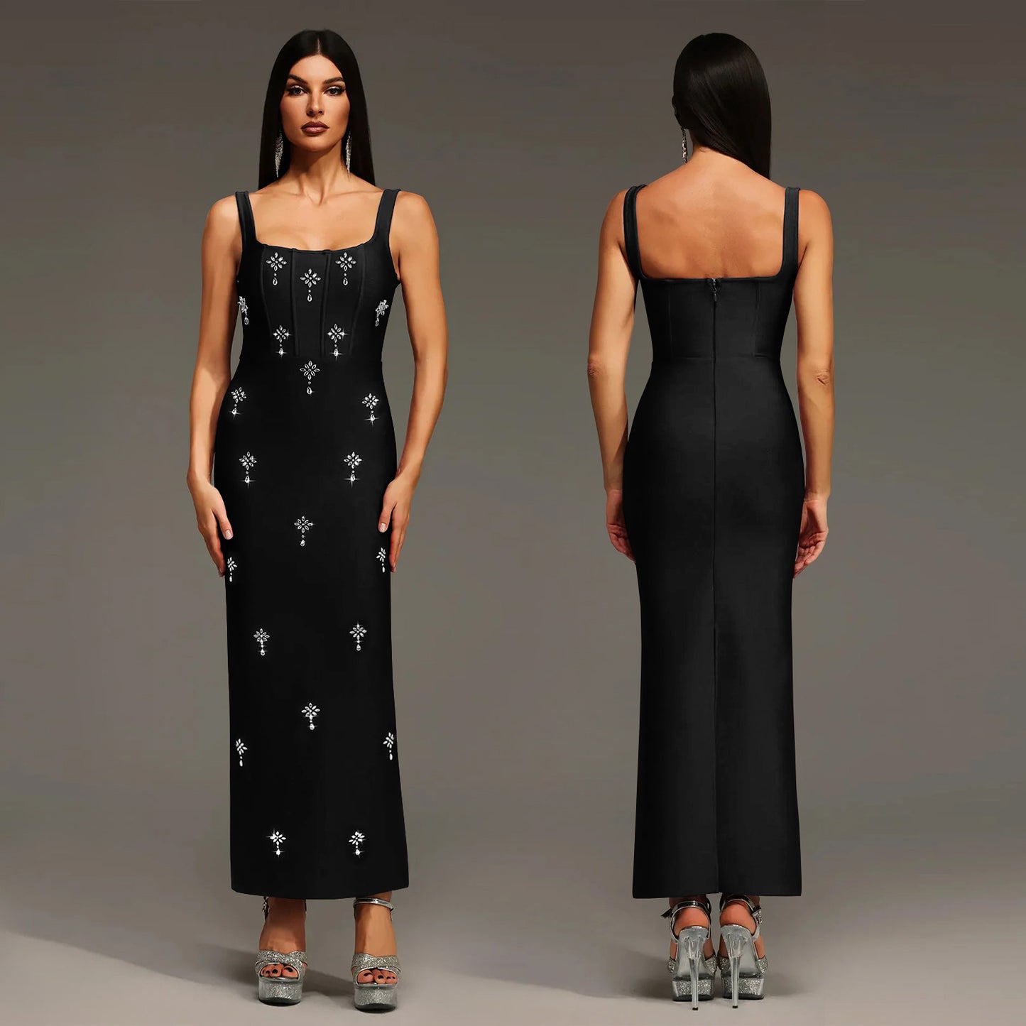 Elegant Sleeveless Strap Dress In Twilled Satin Featuring Backless Design And Maxi Length