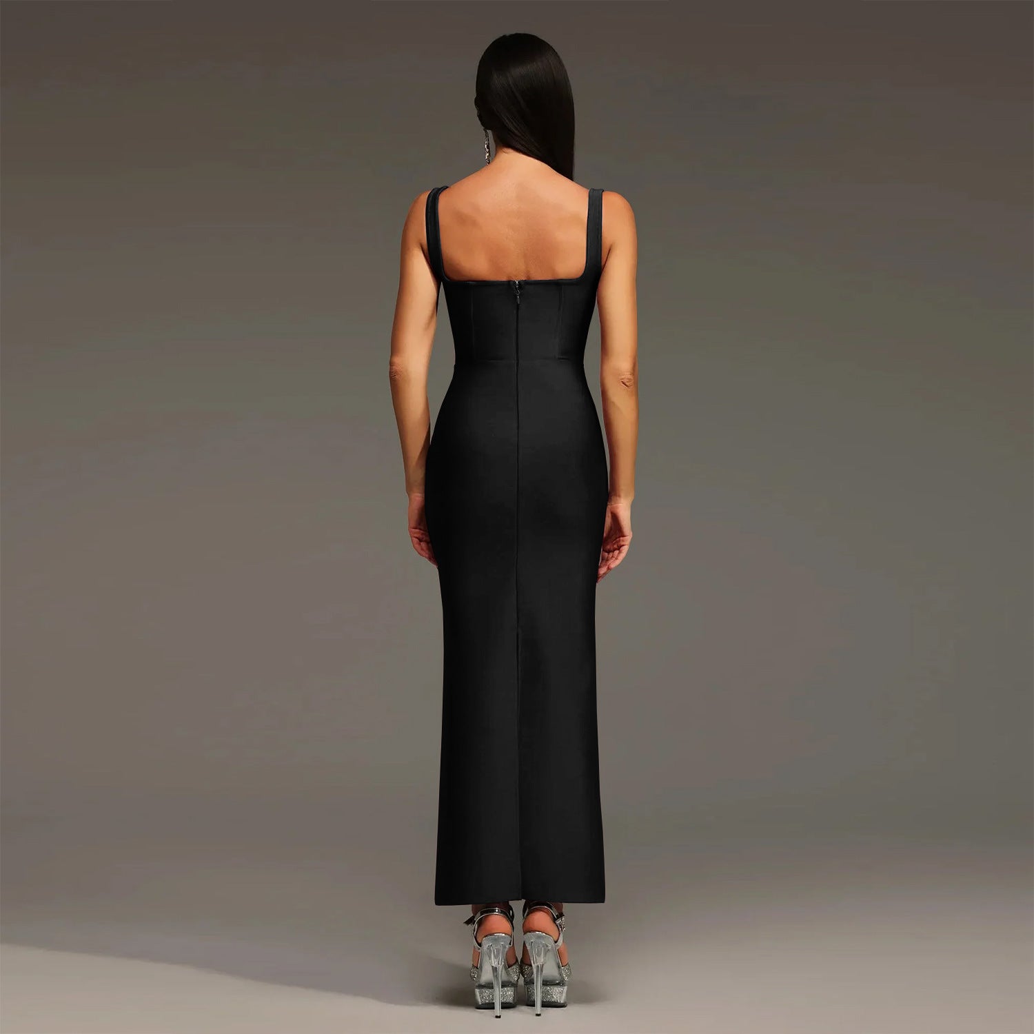 Elegant Sleeveless Strap Dress In Twilled Satin Featuring Backless Design And Maxi Length