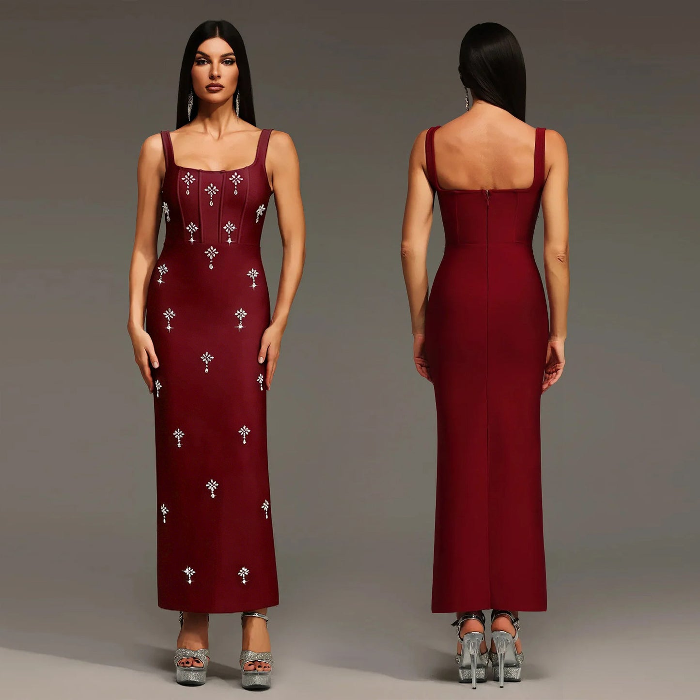 Elegant Sleeveless Strap Dress In Twilled Satin Featuring Backless Design And Maxi Length