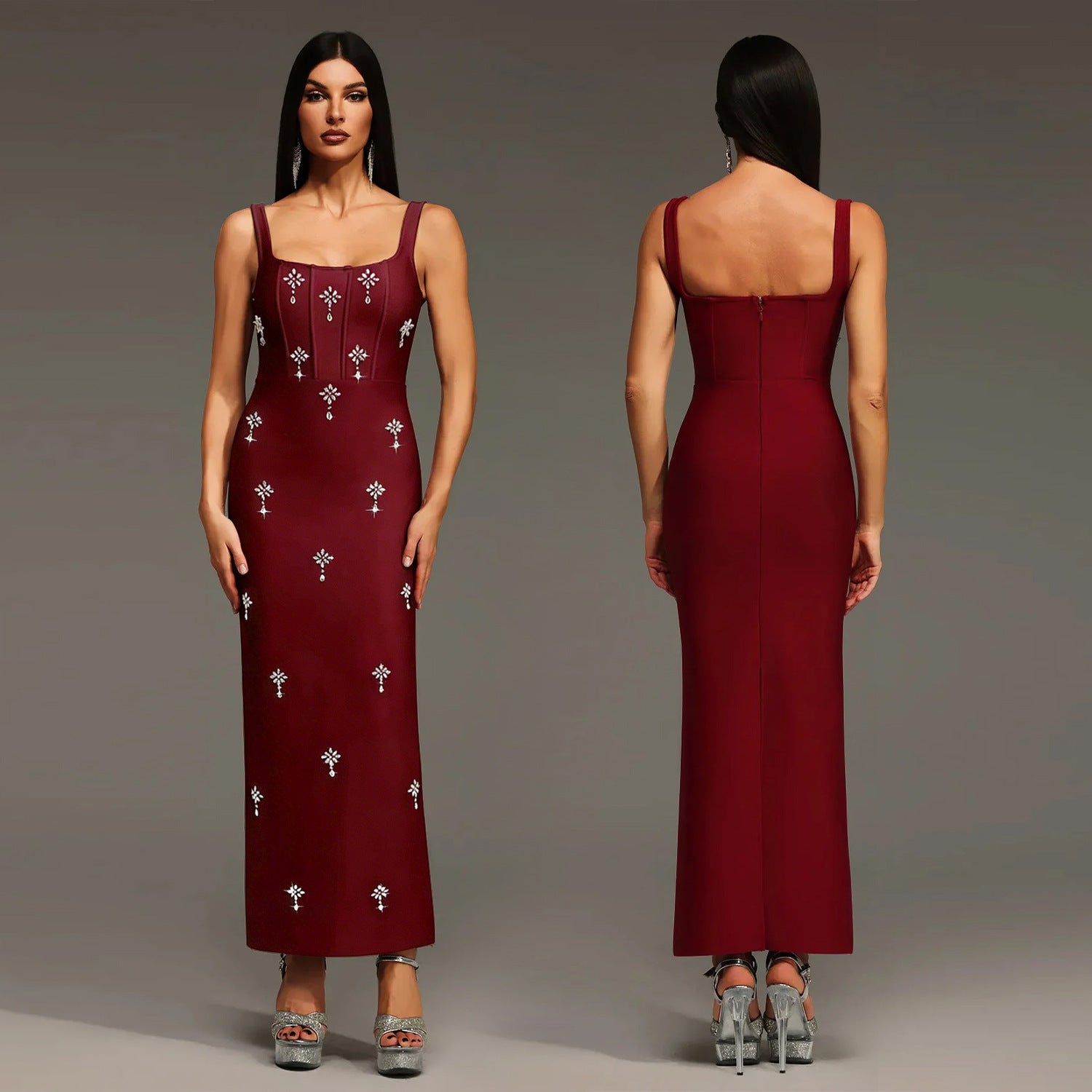 Elegant Sleeveless Strap Dress In Twilled Satin Featuring Backless Design And Maxi Length