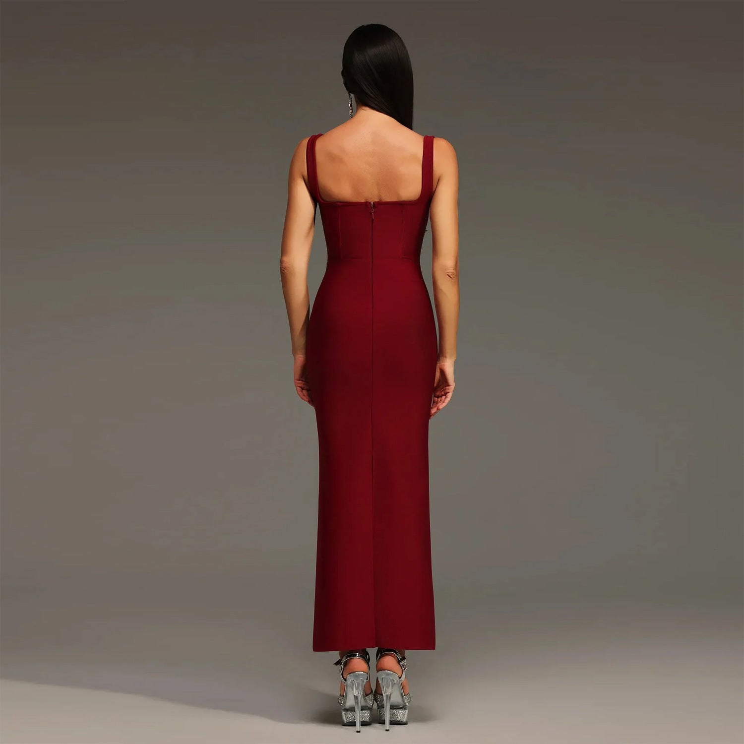Elegant Sleeveless Strap Dress In Twilled Satin Featuring Backless Design And Maxi Length