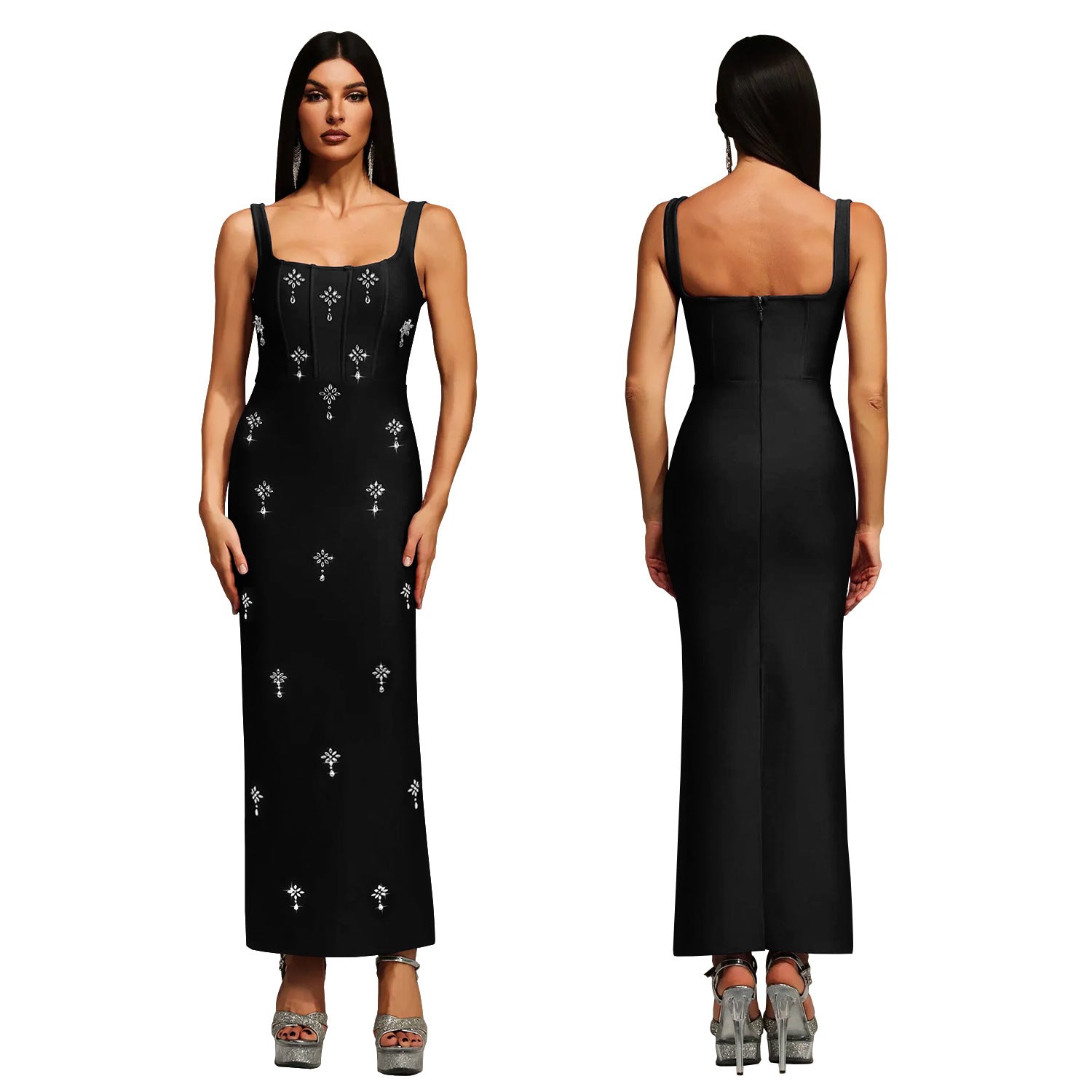 Elegant Sleeveless Strap Dress In Twilled Satin Featuring Backless Design And Maxi Length