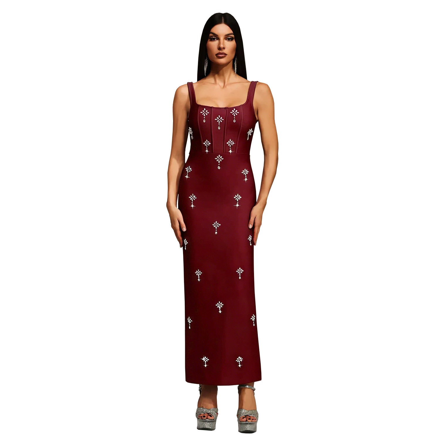 Elegant Sleeveless Strap Dress In Twilled Satin Featuring Backless Design And Maxi Length