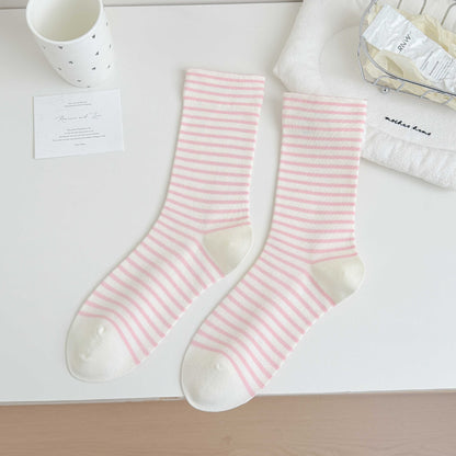 Simple Style Stripe Cotton Socks For Women In Natural Pink, Perfect For Summer Sports And Casual Wear