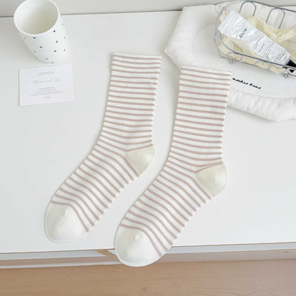 Simple Style Stripe Cotton Socks For Women In Natural Pink, Perfect For Summer Sports And Casual Wear