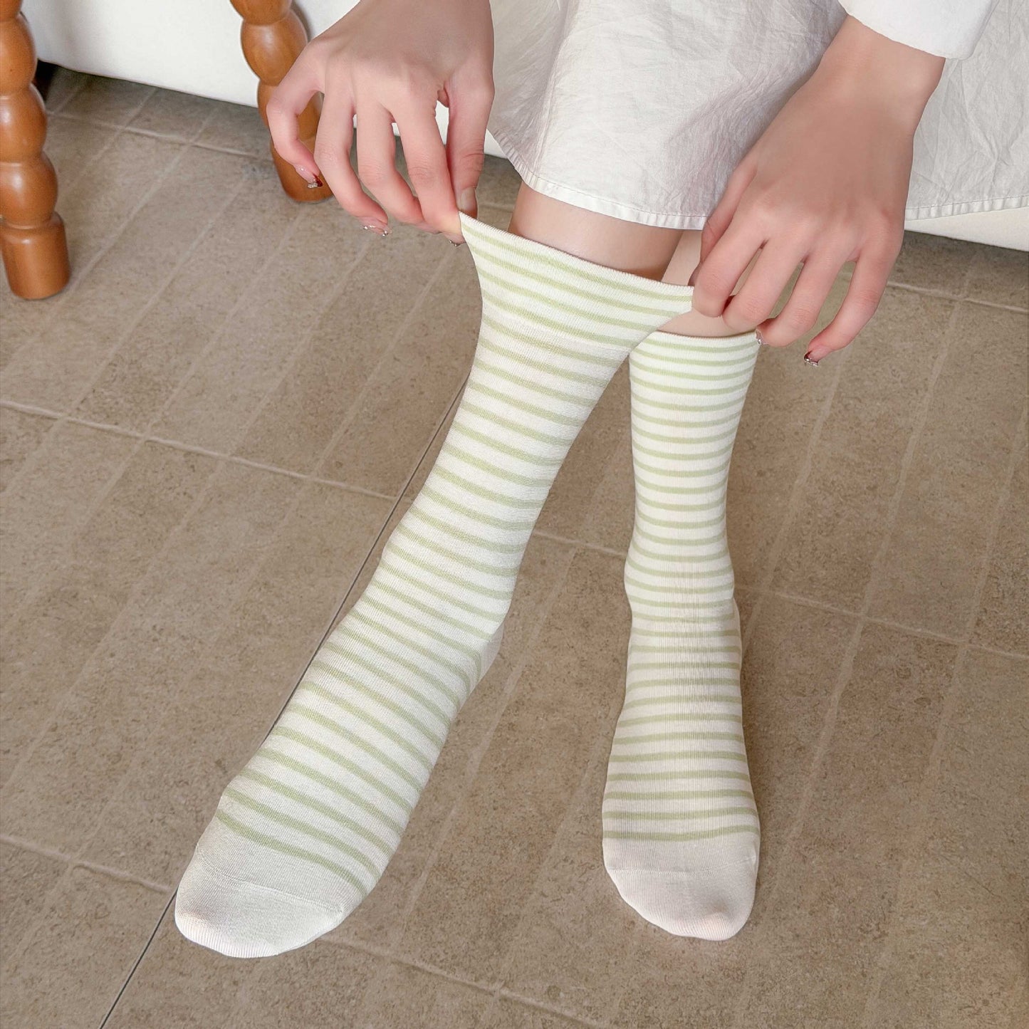 Simple Style Stripe Cotton Socks For Women In Natural Pink, Perfect For Summer Sports And Casual Wear