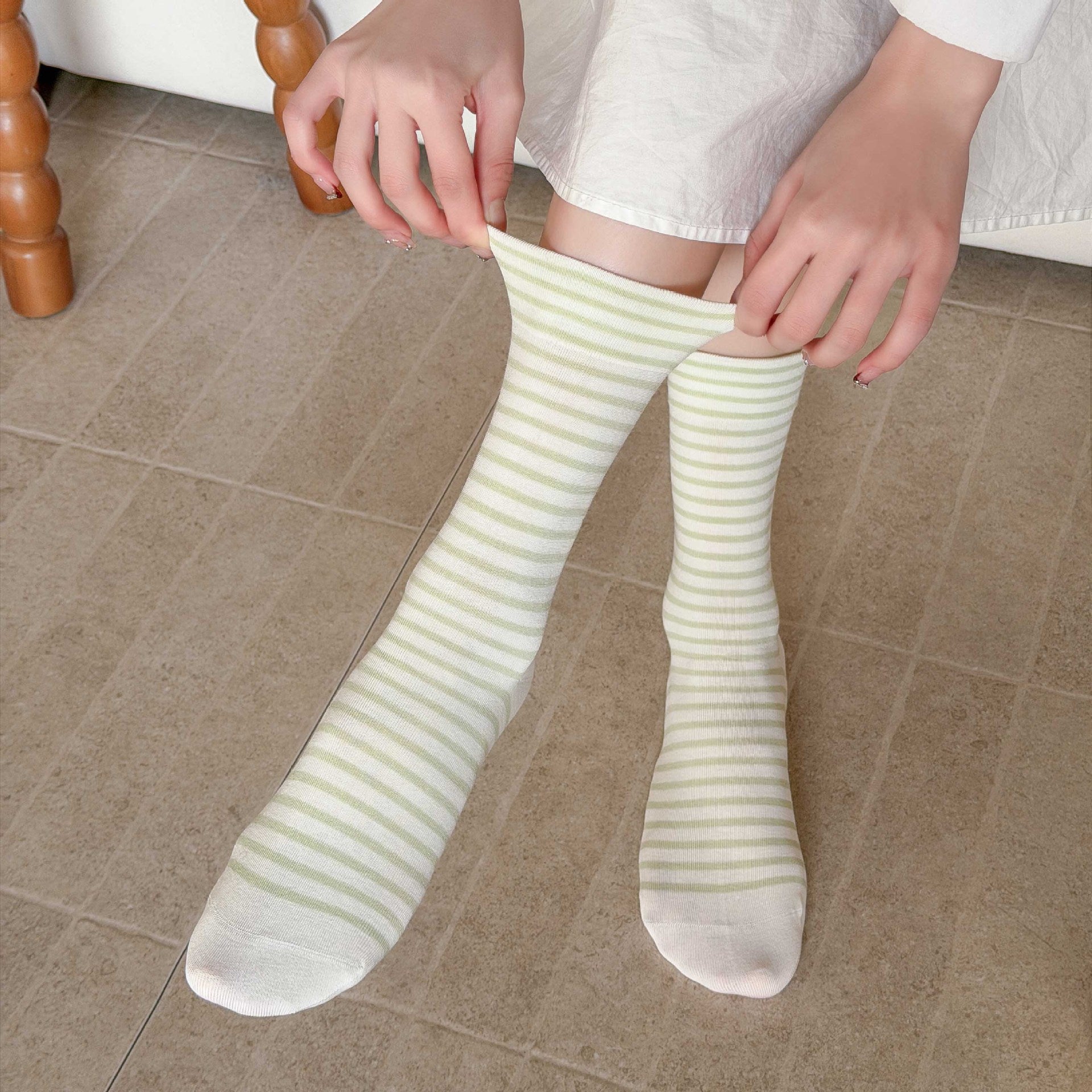 Simple Style Stripe Cotton Socks For Women In Natural Pink, Perfect For Summer Sports And Casual Wear