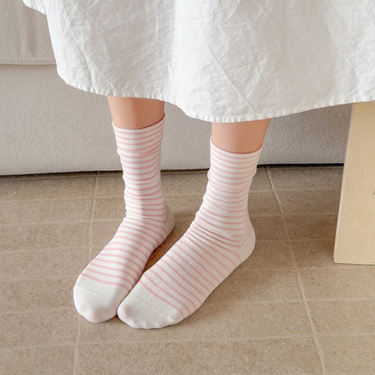 Simple Style Stripe Cotton Socks For Women In Natural Pink, Perfect For Summer Sports And Casual Wear