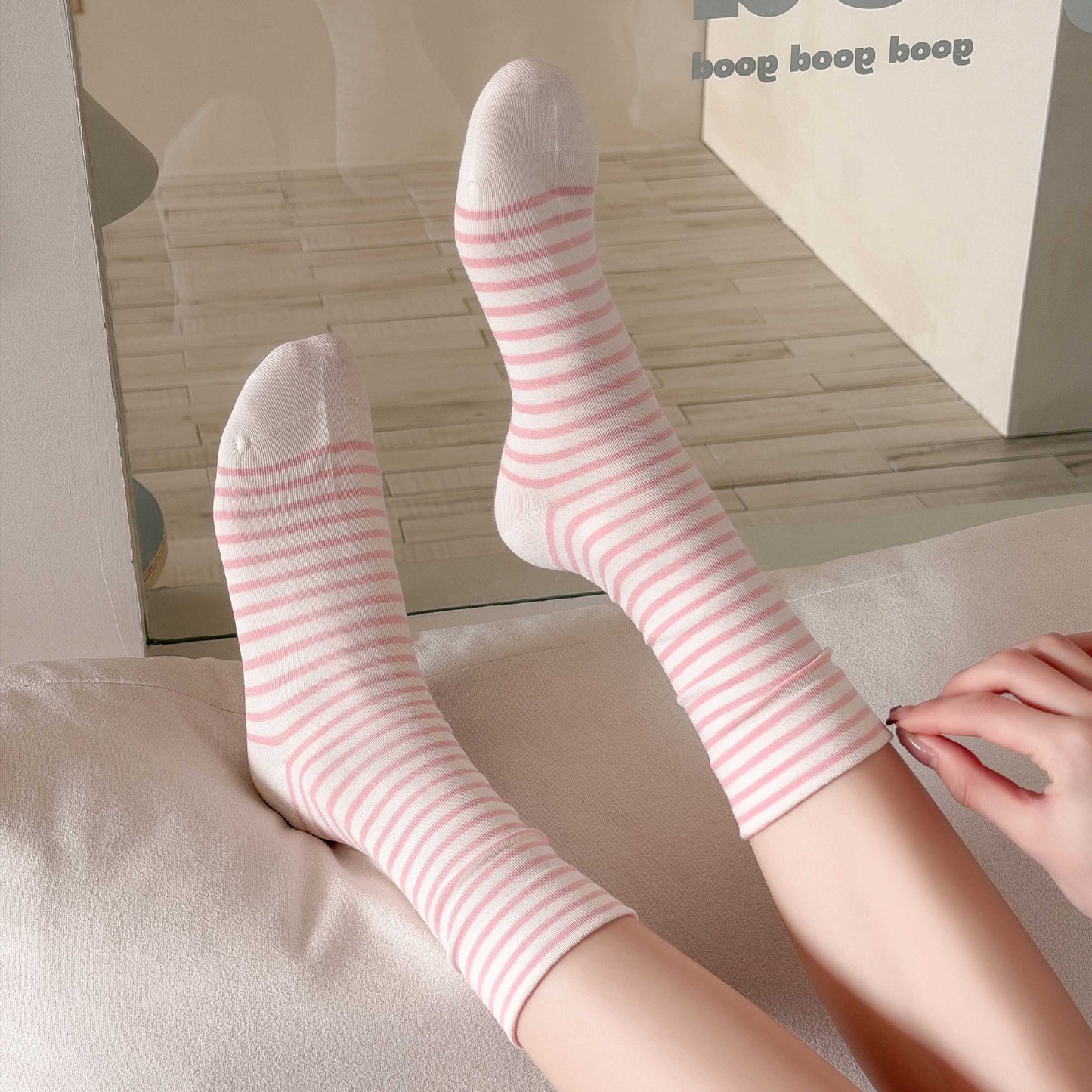 Simple Style Stripe Cotton Socks For Women In Natural Pink, Perfect For Summer Sports And Casual Wear