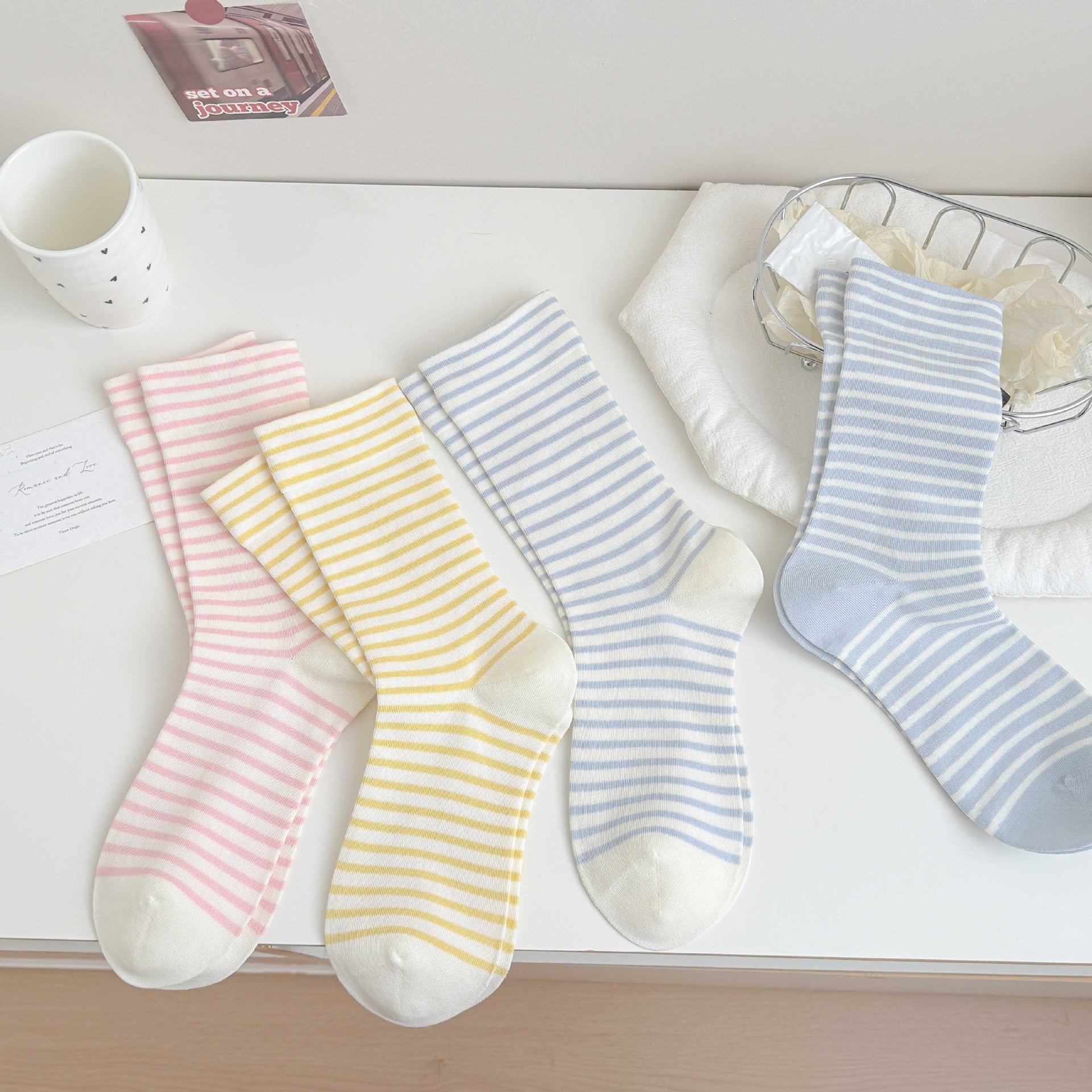 Simple Style Stripe Cotton Socks For Women In Natural Pink, Perfect For Summer Sports And Casual Wear