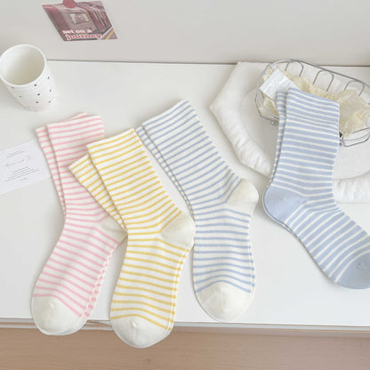 Simple Style Stripe Cotton Socks For Women In Natural Pink, Perfect For Summer Sports And Casual Wear