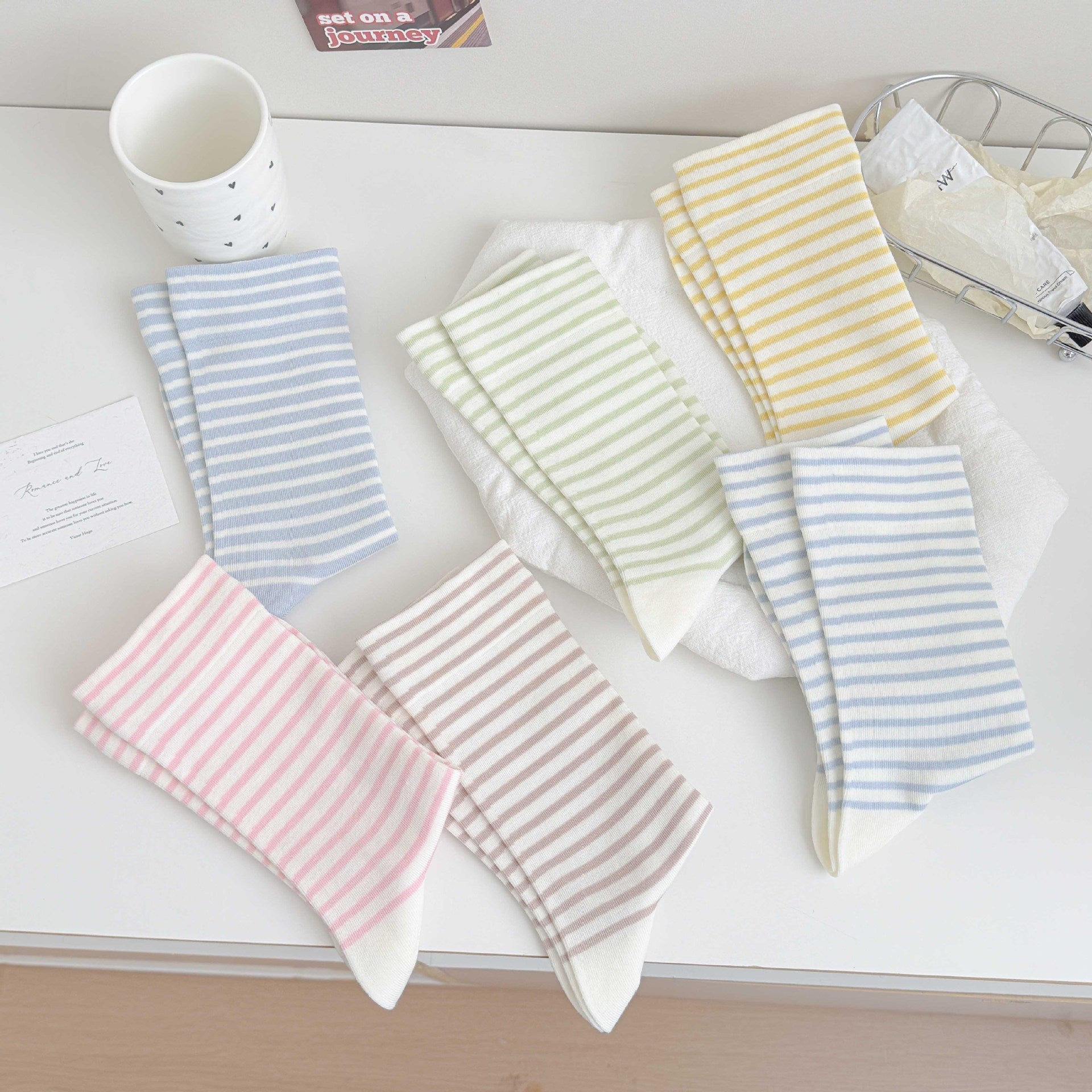 Simple Style Stripe Cotton Socks For Women In Natural Pink, Perfect For Summer Sports And Casual Wear