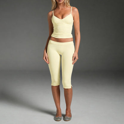 Sporty Yoga Calf-Length Pants For Women In Stretchy Nylon Fabric Featuring Slit Design
