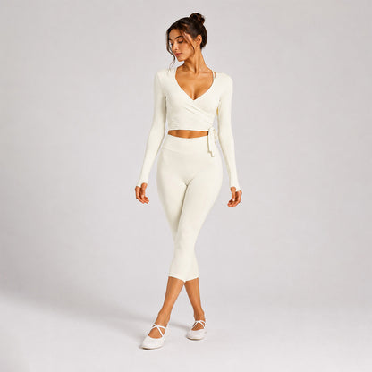 Sporty Calf-Length Yoga Pants For Women In Stretchy Nylon Fabric Featuring Front Tie Detail
