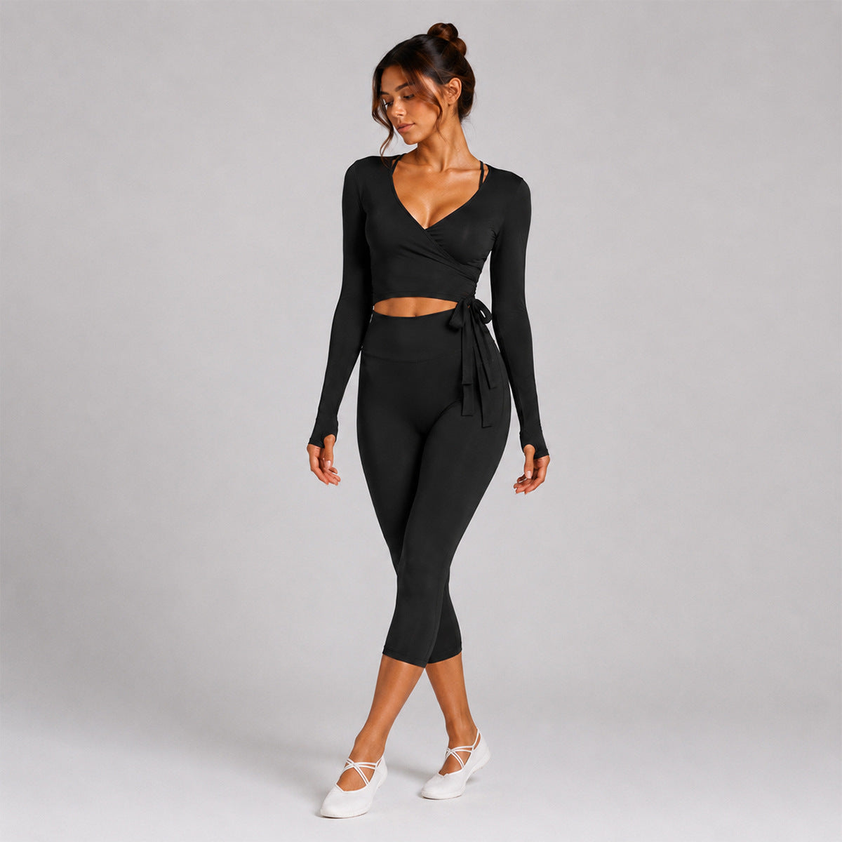 Sporty Calf-Length Yoga Pants For Women In Stretchy Nylon Fabric Featuring Front Tie Detail