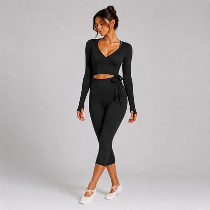 Sporty Calf-Length Yoga Pants For Women In Stretchy Nylon Fabric Featuring Front Tie Detail