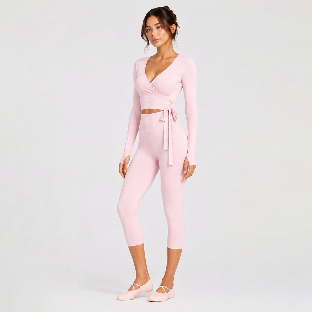 Sporty Calf-Length Yoga Pants For Women In Stretchy Nylon Fabric Featuring Front Tie Detail