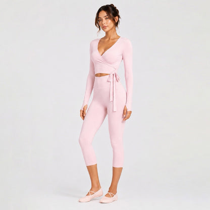 Sporty Calf-Length Yoga Pants For Women In Stretchy Nylon Fabric Featuring Front Tie Detail