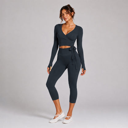 Sporty Calf-Length Yoga Pants For Women In Stretchy Nylon Fabric Featuring Front Tie Detail