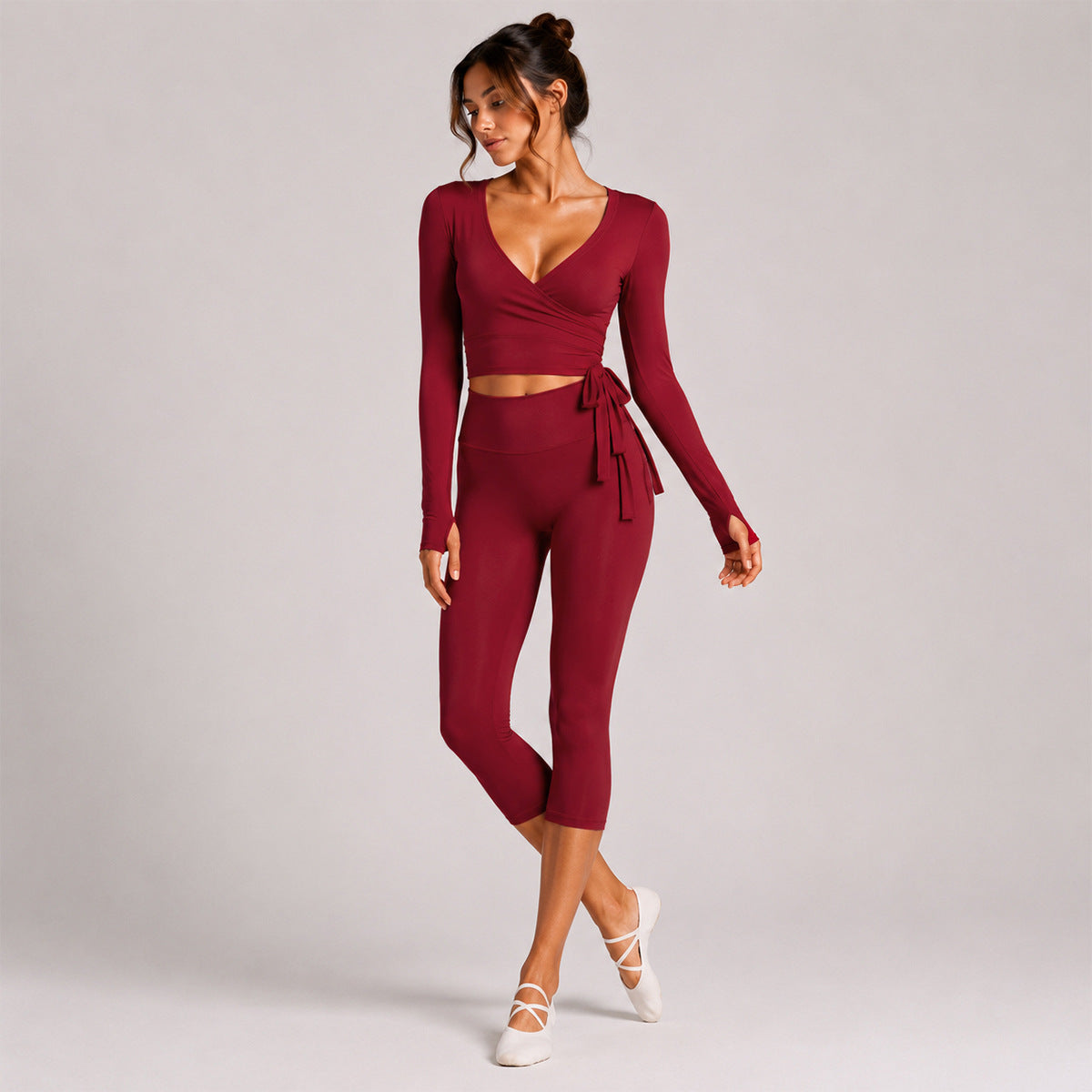 Sporty Calf-Length Yoga Pants For Women In Stretchy Nylon Fabric Featuring Front Tie Detail