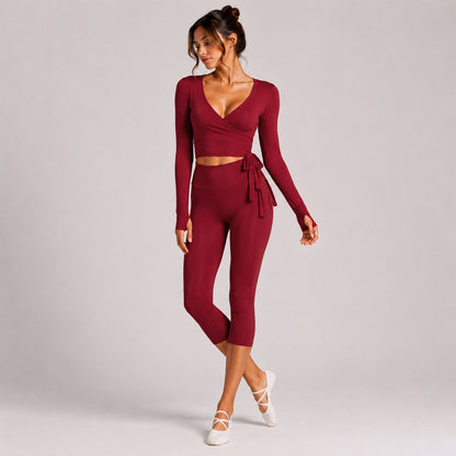 Sporty Calf-Length Yoga Pants For Women In Stretchy Nylon Fabric Featuring Front Tie Detail