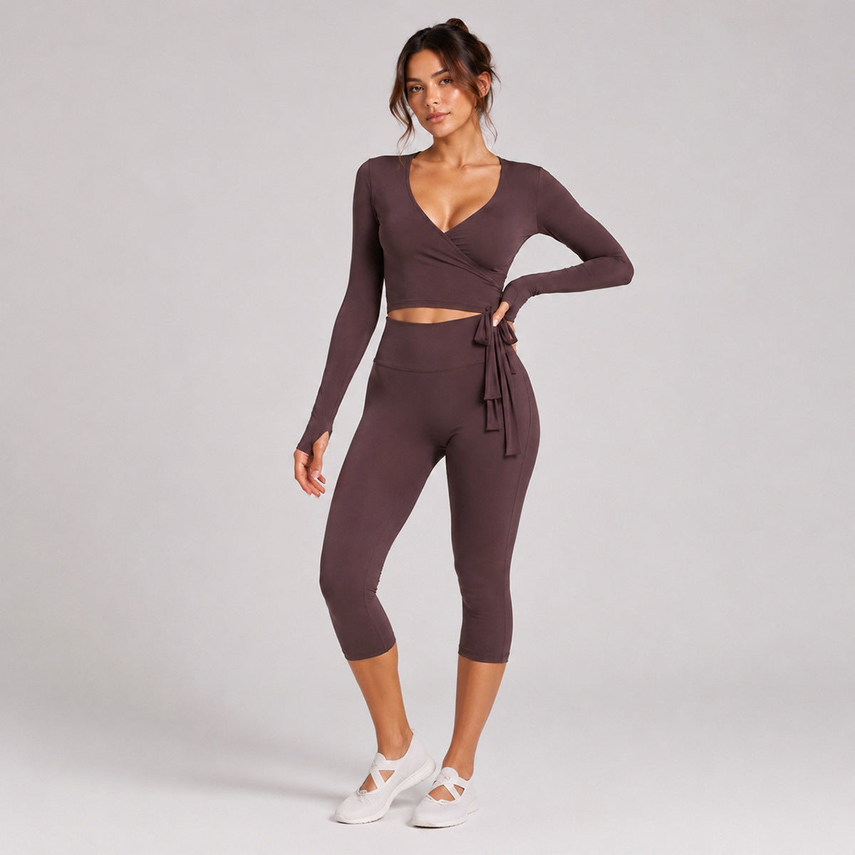 Sporty Calf-Length Yoga Pants For Women In Stretchy Nylon Fabric Featuring Front Tie Detail
