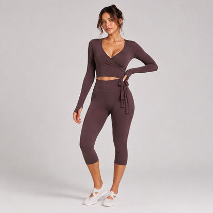Sporty Calf-Length Yoga Pants For Women In Stretchy Nylon Fabric Featuring Front Tie Detail