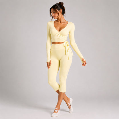 Sporty Calf-Length Yoga Pants For Women In Stretchy Nylon Fabric Featuring Front Tie Detail