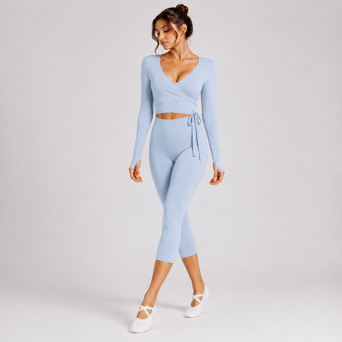 Sporty Calf-Length Yoga Pants For Women In Stretchy Nylon Fabric Featuring Front Tie Detail