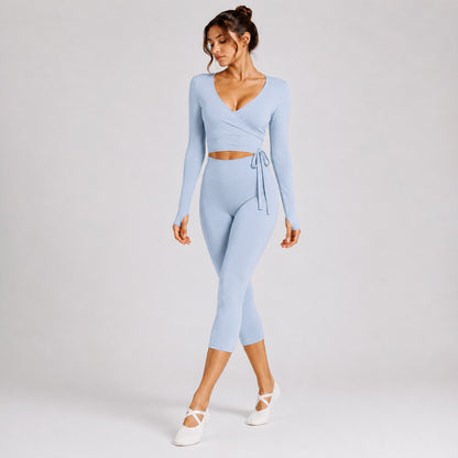 Sporty Calf-Length Yoga Pants For Women In Stretchy Nylon Fabric Featuring Front Tie Detail